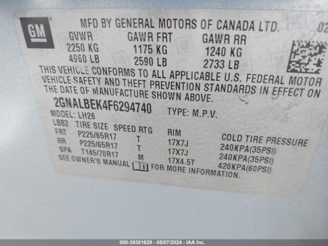 Photo 8 VIN: 2GNALBEK4F6294740 - CHEVROLET EQUINOX 