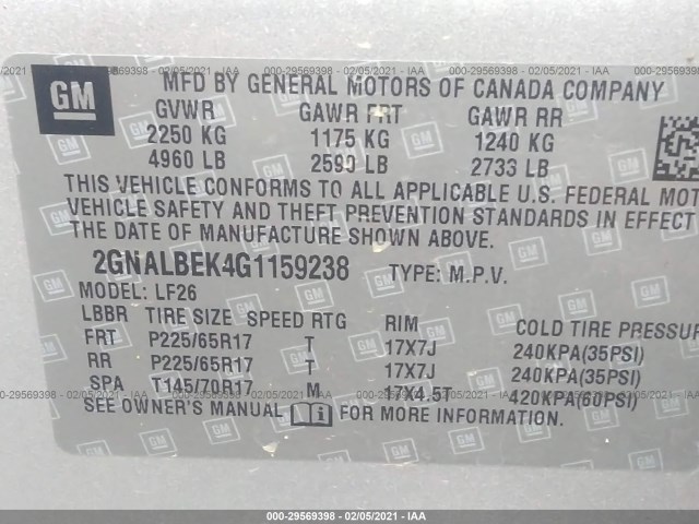 Photo 8 VIN: 2GNALBEK4G1159238 - CHEVROLET EQUINOX 