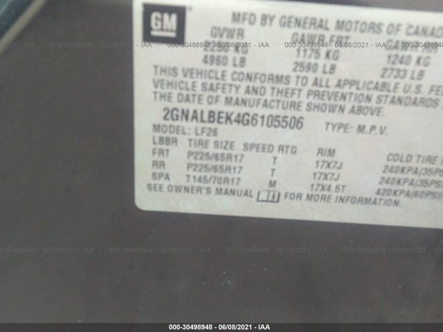 Photo 8 VIN: 2GNALBEK4G6105506 - CHEVROLET EQUINOX 