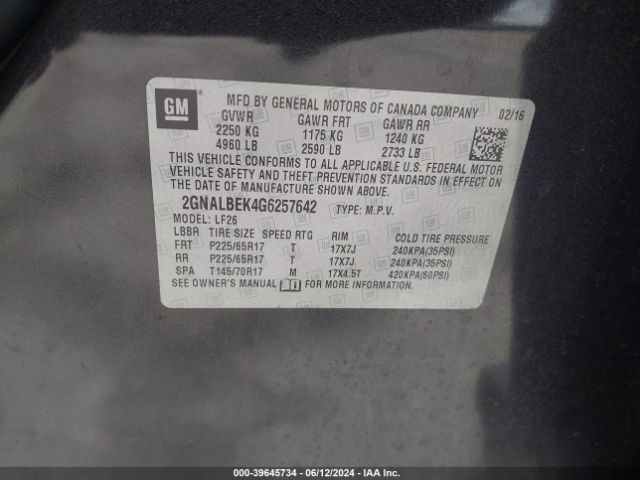 Photo 8 VIN: 2GNALBEK4G6257642 - CHEVROLET EQUINOX 