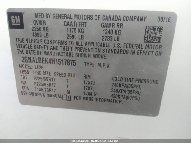 Photo 8 VIN: 2GNALBEK4H1517875 - CHEVROLET EQUINOX 