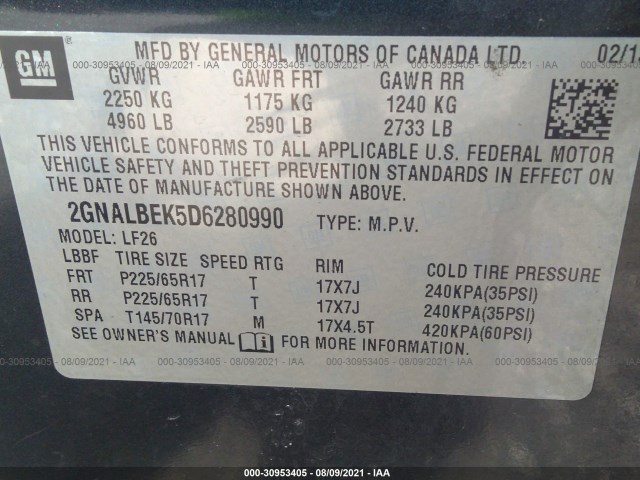 Photo 8 VIN: 2GNALBEK5D6280990 - CHEVROLET EQUINOX 