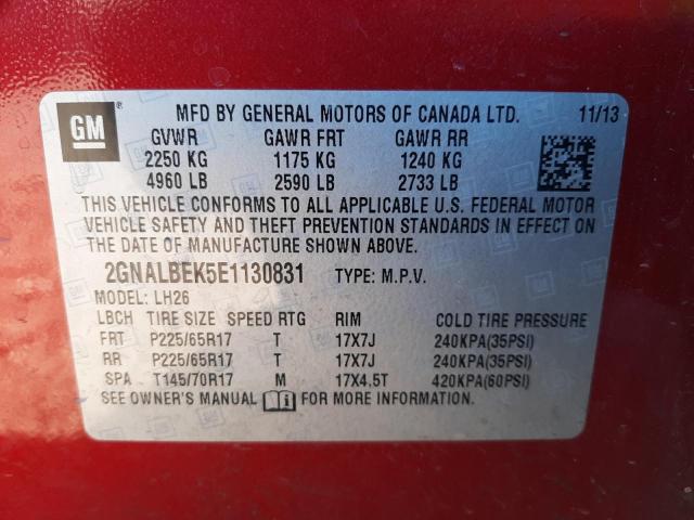 Photo 9 VIN: 2GNALBEK5E1130831 - CHEVROLET EQUINOX LT 