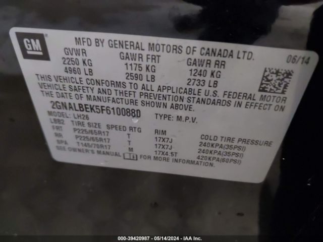 Photo 8 VIN: 2GNALBEK5F6100880 - CHEVROLET EQUINOX 