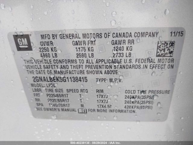 Photo 8 VIN: 2GNALBEK5G1138415 - CHEVROLET EQUINOX 