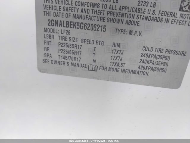 Photo 8 VIN: 2GNALBEK5G6206215 - CHEVROLET EQUINOX 