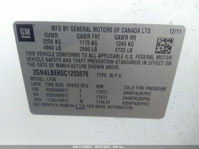 Photo 8 VIN: 2GNALBEK6C1203878 - CHEVROLET EQUINOX 