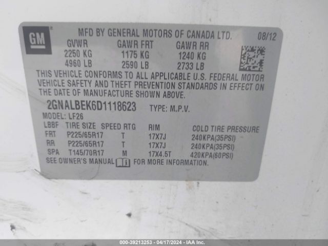 Photo 8 VIN: 2GNALBEK6D1118623 - CHEVROLET EQUINOX 