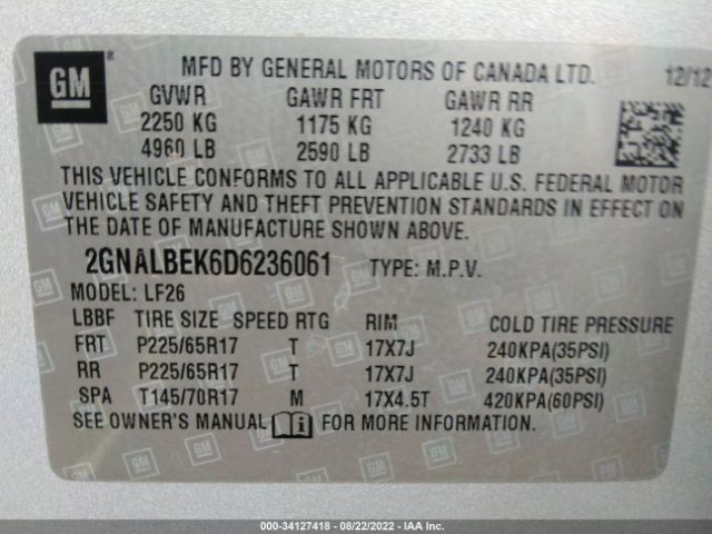 Photo 8 VIN: 2GNALBEK6D6236061 - CHEVROLET EQUINOX 