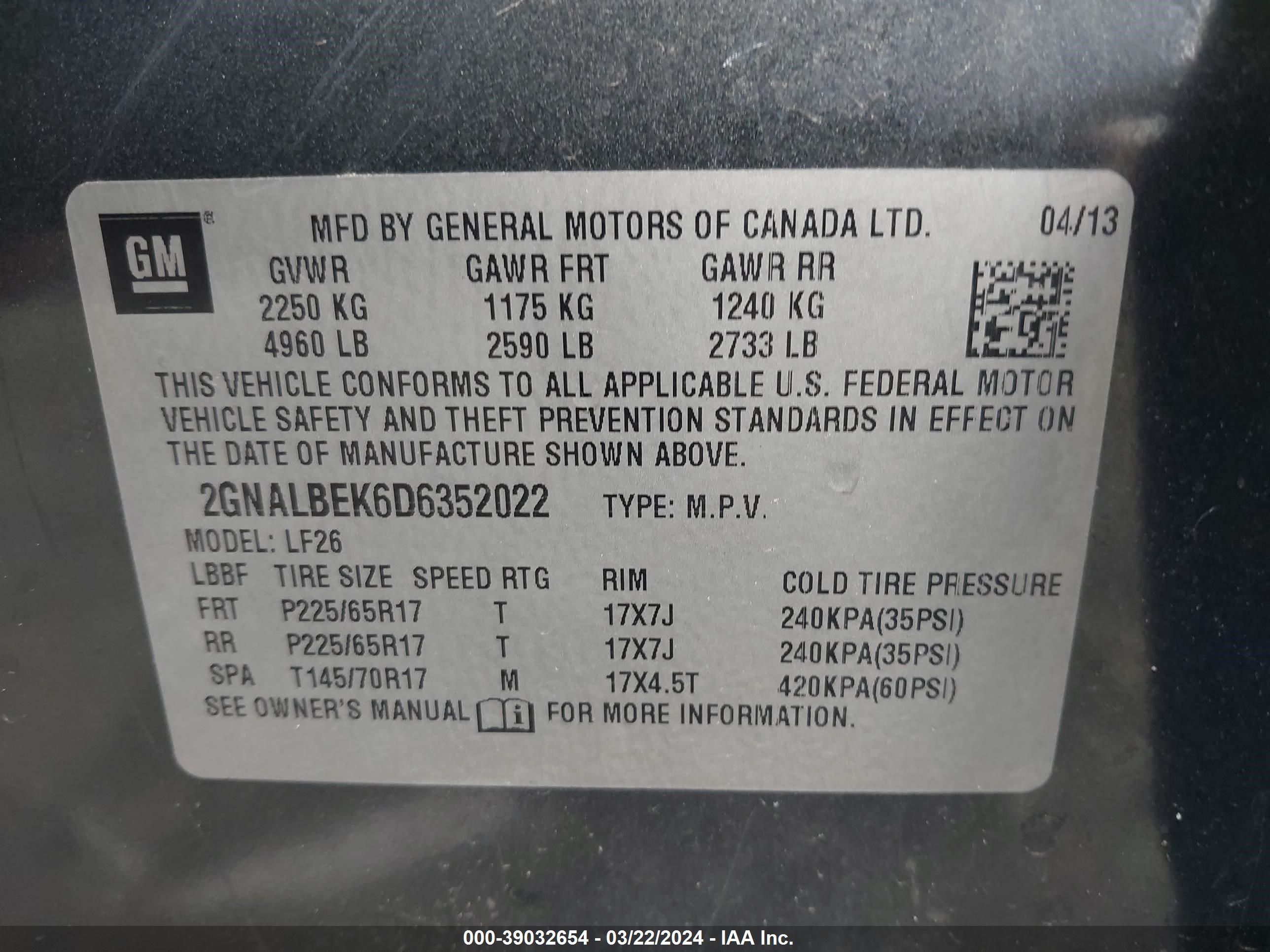 Photo 8 VIN: 2GNALBEK6D6352022 - CHEVROLET EQUINOX 