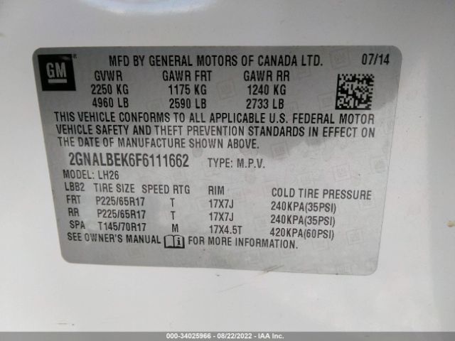 Photo 8 VIN: 2GNALBEK6F6111662 - CHEVROLET EQUINOX 