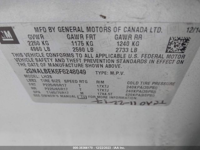 Photo 8 VIN: 2GNALBEK6F6248049 - CHEVROLET EQUINOX 