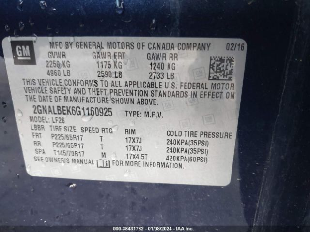 Photo 8 VIN: 2GNALBEK6G1160925 - CHEVROLET EQUINOX 