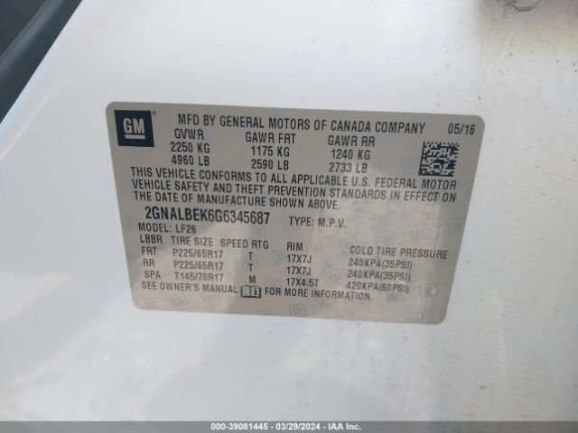 Photo 8 VIN: 2GNALBEK6G6345687 - CHEVROLET EQUINOX 