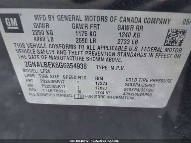 Photo 8 VIN: 2GNALBEK6G6354938 - CHEVROLET EQUINOX 