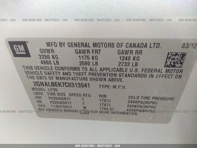 Photo 8 VIN: 2GNALBEK7C6313941 - CHEVROLET EQUINOX 