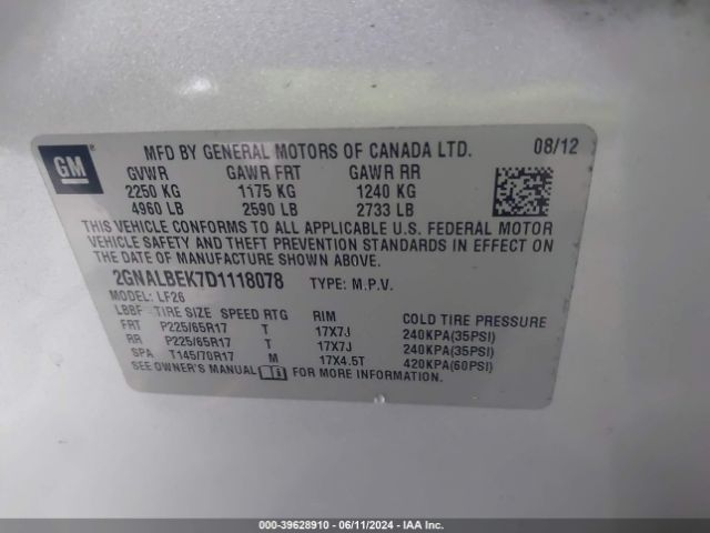 Photo 8 VIN: 2GNALBEK7D1118078 - CHEVROLET EQUINOX 