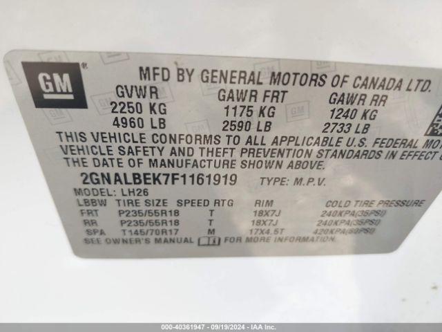 Photo 8 VIN: 2GNALBEK7F1161919 - CHEVROLET EQUINOX 