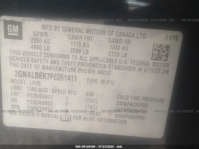 Photo 8 VIN: 2GNALBEK7F6261411 - CHEVROLET EQUINOX LT 