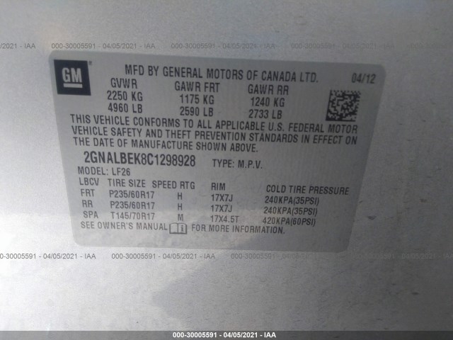 Photo 8 VIN: 2GNALBEK8C1298928 - CHEVROLET EQUINOX 