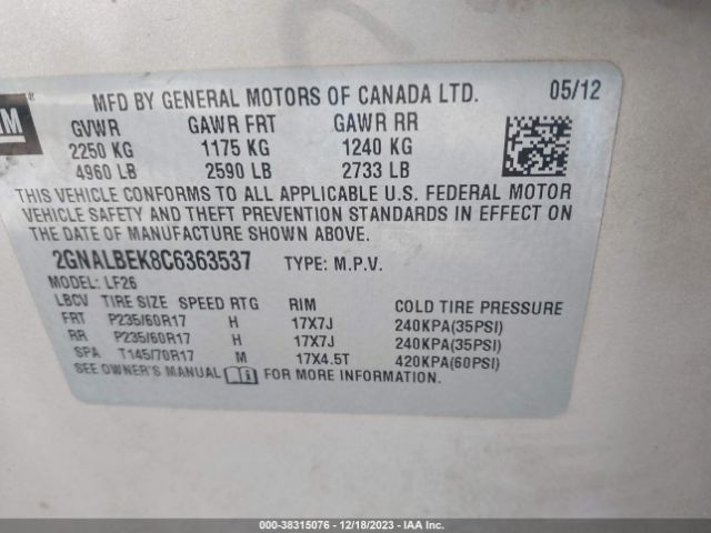 Photo 8 VIN: 2GNALBEK8C6363537 - CHEVROLET EQUINOX 