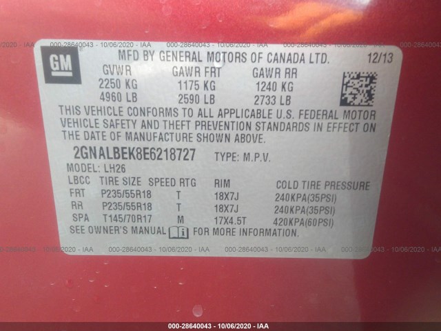 Photo 8 VIN: 2GNALBEK8E6218727 - CHEVROLET EQUINOX 