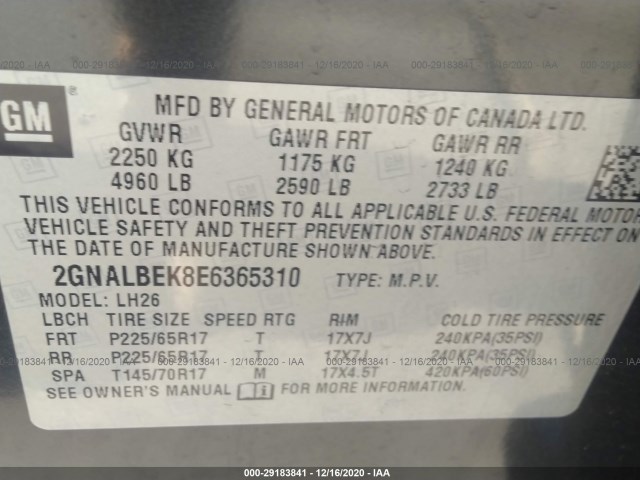 Photo 8 VIN: 2GNALBEK8E6365310 - CHEVROLET EQUINOX 