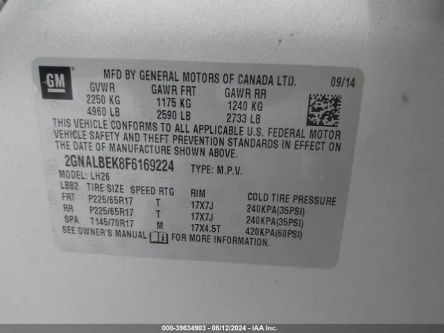 Photo 8 VIN: 2GNALBEK8F6169224 - CHEVROLET EQUINOX 