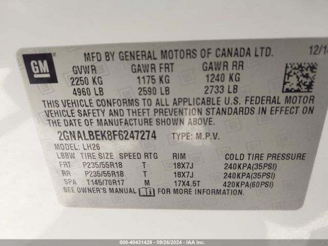 Photo 8 VIN: 2GNALBEK8F6247274 - CHEVROLET EQUINOX 