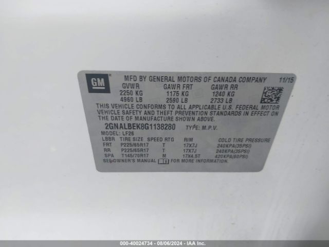 Photo 8 VIN: 2GNALBEK8G1138280 - CHEVROLET EQUINOX 