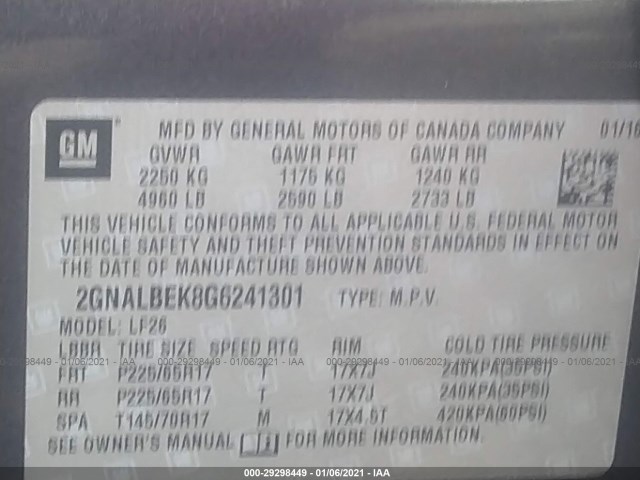 Photo 8 VIN: 2GNALBEK8G6241301 - CHEVROLET EQUINOX 