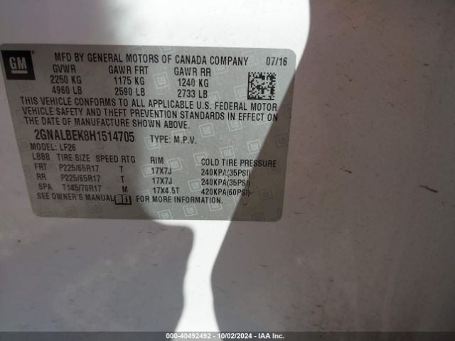 Photo 8 VIN: 2GNALBEK8H1514705 - CHEVROLET EQUINOX 