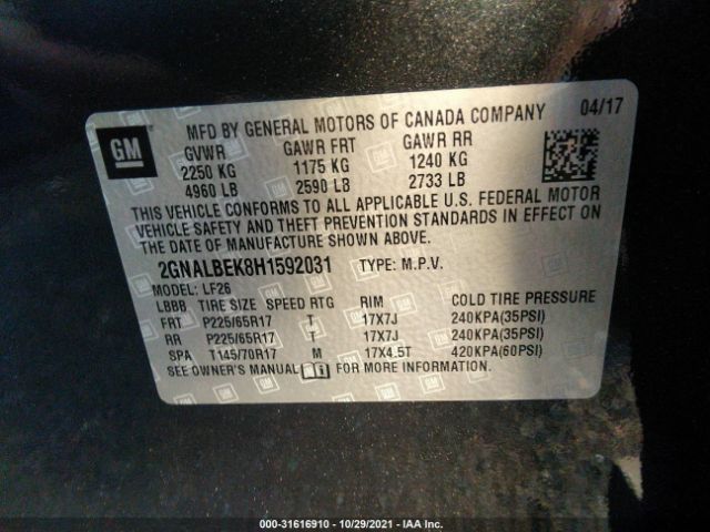 Photo 8 VIN: 2GNALBEK8H1592031 - CHEVROLET EQUINOX 