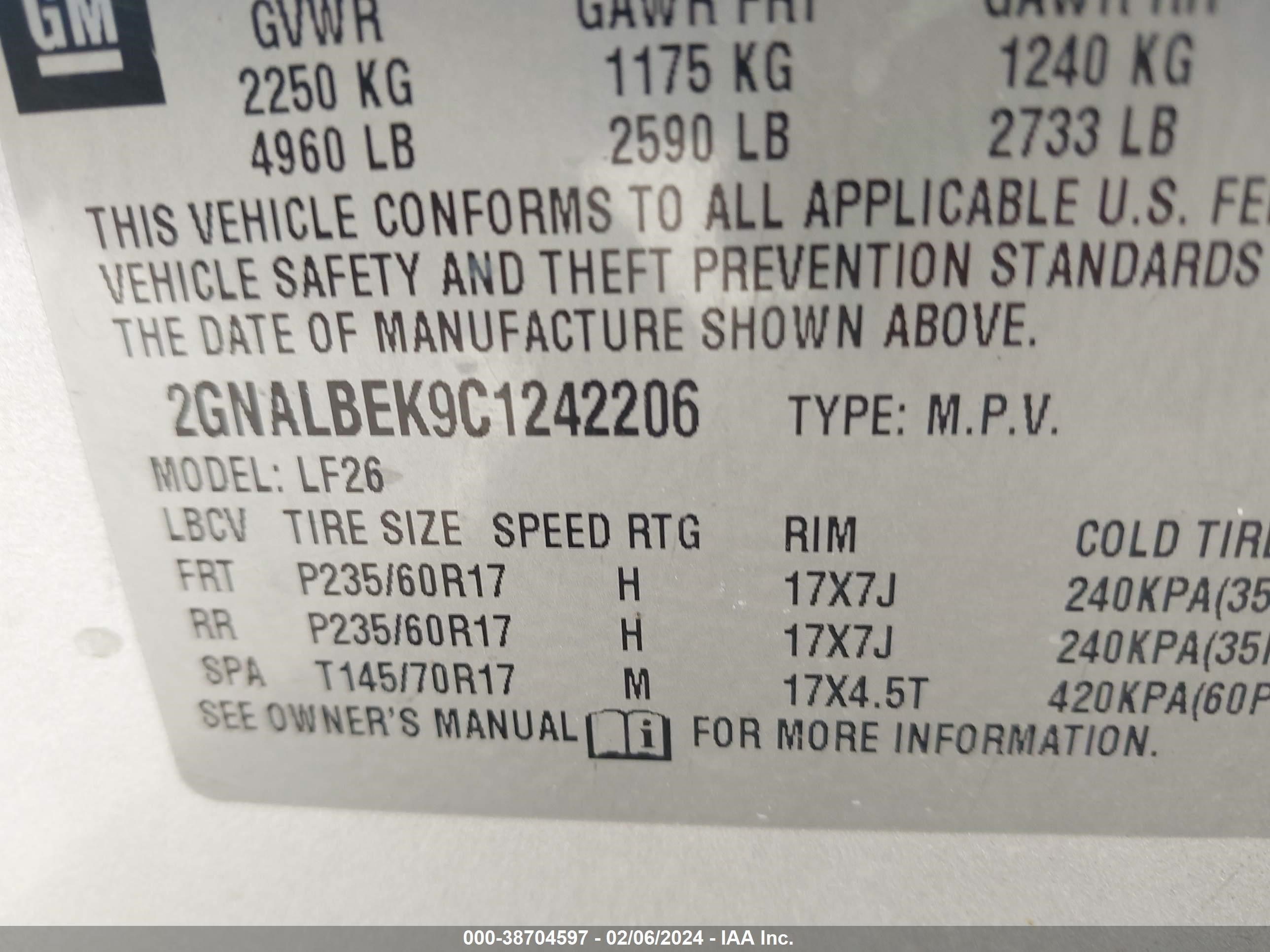 Photo 8 VIN: 2GNALBEK9C1242206 - CHEVROLET EQUINOX 