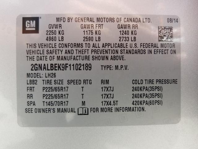 Photo 9 VIN: 2GNALBEK9F1102189 - CHEVROLET EQUINOX LT 