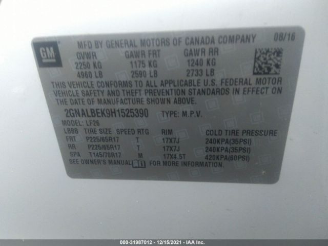 Photo 8 VIN: 2GNALBEK9H1525390 - CHEVROLET EQUINOX 