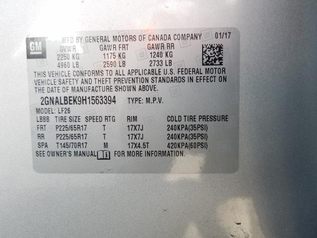 Photo 9 VIN: 2GNALBEK9H1563394 - CHEVROLET EQUINOX LS 