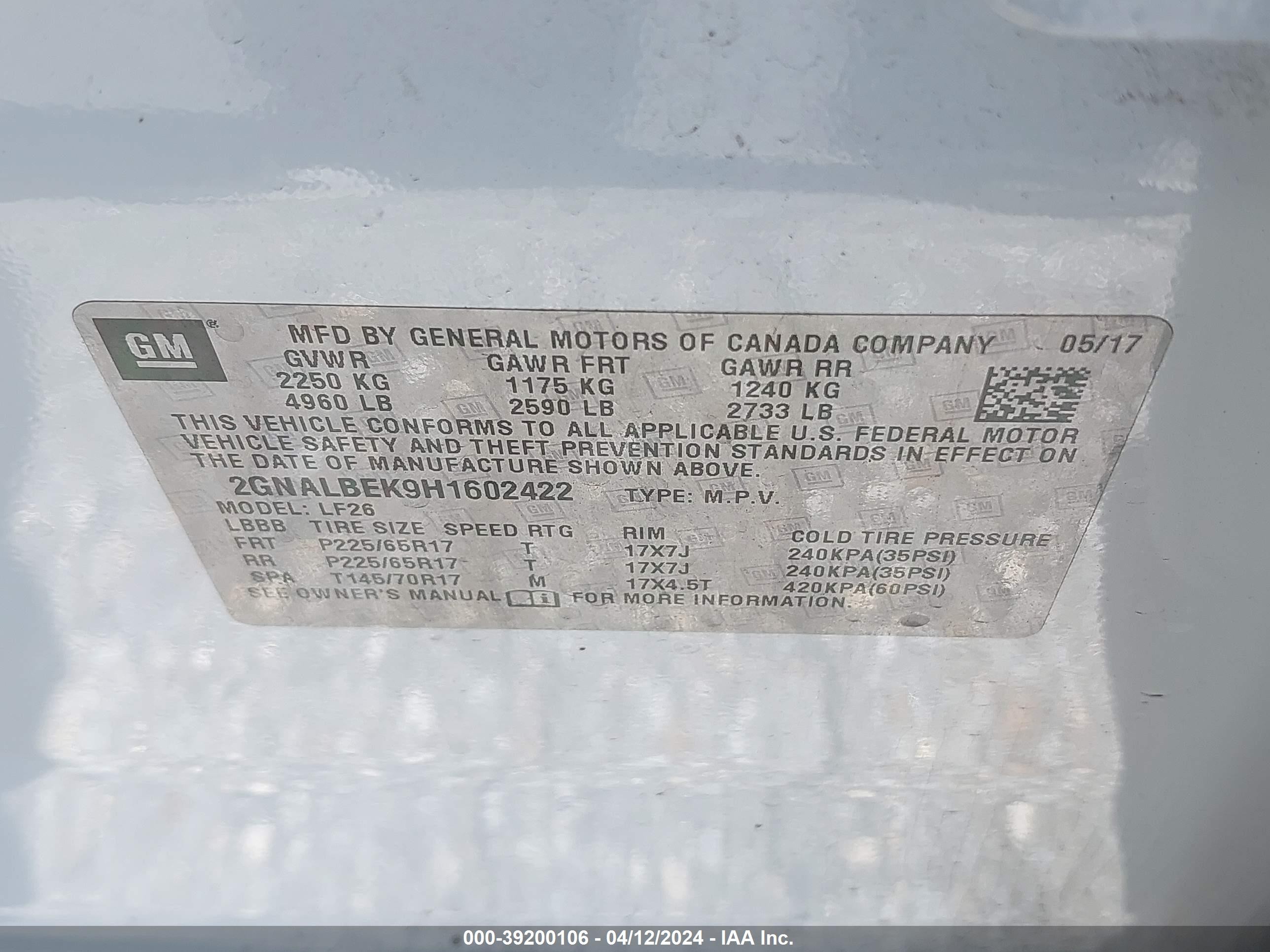 Photo 4 VIN: 2GNALBEK9H1602422 - CHEVROLET EQUINOX 