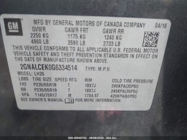 Photo 8 VIN: 2GNALCEK0G6334514 - CHEVROLET EQUINOX 