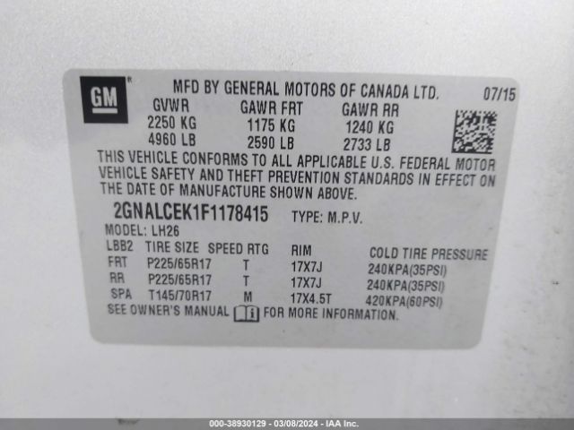 Photo 8 VIN: 2GNALCEK1F1178415 - CHEVROLET EQUINOX 