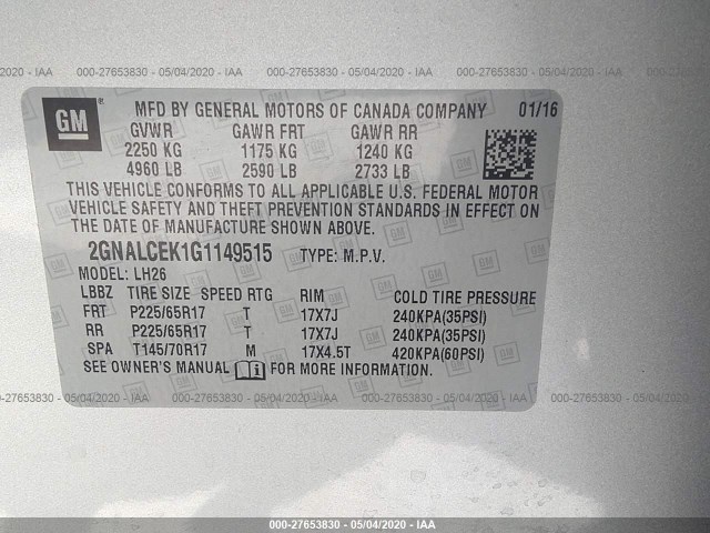 Photo 8 VIN: 2GNALCEK1G1149515 - CHEVROLET EQUINOX 