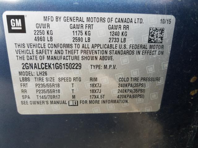 Photo 9 VIN: 2GNALCEK1G6150229 - CHEVROLET EQUINOX LT 