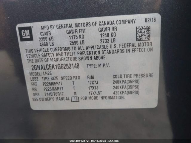 Photo 8 VIN: 2GNALCEK1G6253148 - CHEVROLET EQUINOX 