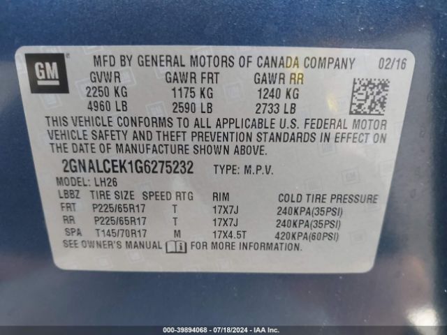 Photo 8 VIN: 2GNALCEK1G6275232 - CHEVROLET EQUINOX 