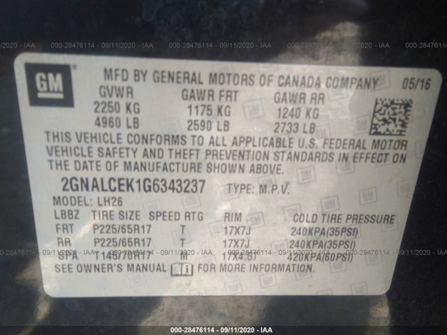 Photo 8 VIN: 2GNALCEK1G6343237 - CHEVROLET EQUINOX 