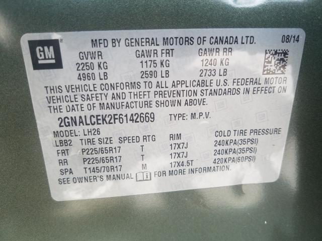 Photo 9 VIN: 2GNALCEK2F6142669 - CHEVROLET EQUINOX LT 