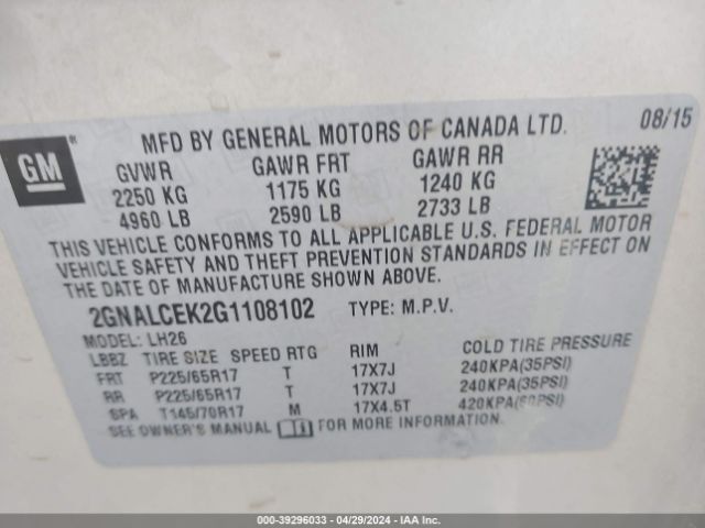 Photo 8 VIN: 2GNALCEK2G1108102 - CHEVROLET EQUINOX 