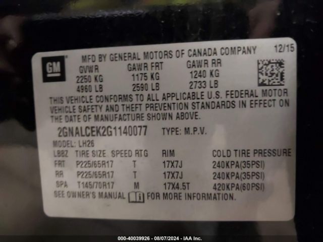 Photo 8 VIN: 2GNALCEK2G1140077 - CHEVROLET EQUINOX 