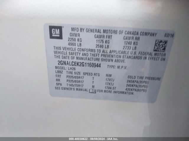 Photo 8 VIN: 2GNALCEK2G1160944 - CHEVROLET EQUINOX 