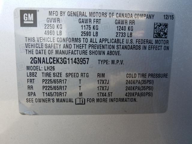 Photo 9 VIN: 2GNALCEK3G1143957 - CHEVROLET EQUINOX LT 